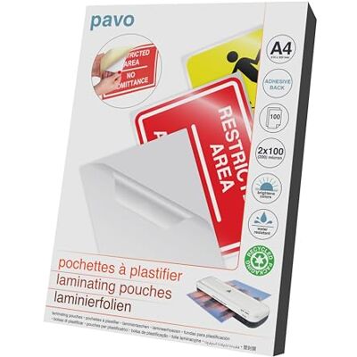 Pavo A4 Självhäftande lamineringspåse 2x100 Mikron, glans, paket med 100 ark Pavo A4 Självhäftande lamineringspåse 2x100 Mikron, glans, paket med 100 ark