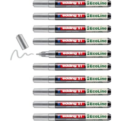 edding 51 EcoLine färgmarkör – silver – förpackning med 10 – rund spets 1–2 mm – vattenbaserat bläck, mycket ogenomskinlig och vattentät – penna för glas, sten, trä, plast och papper edding 51 EcoLine färgmarkör – silver – förpackning med 10 – rund spets 1–2 mm – vattenbaserat bläck, mycket ogenomskinlig och vattentät – penna för glas, sten, trä, plast och papper