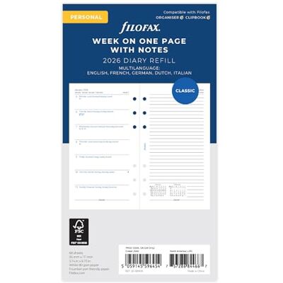 Filofax Personlig vecka per sida med anteckningar 5 språk 2026 dagbok 26-68409 Filofax Personlig vecka per sida med anteckningar 5 språk 2026 dagbok 26-68409