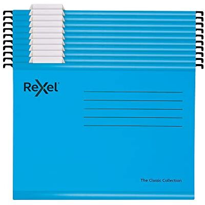 Rexel klassisk förstärkt foolscap upphängningsfil med delare, återvunnet kort, paket med 10, blå, 2115594 Rexel klassisk förstärkt foolscap upphängningsfil med delare, återvunnet kort, paket med 10, blå, 2115594