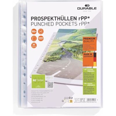 Durable återvunna A4 stansade fickfodral plånböcker – paket med 100 robusta stansade fickor – tillverkad av stark återvunnen PP – genomskinlig Durable återvunna A4 stansade fickfodral plånböcker – paket med 100 robusta stansade fickor – tillverkad av stark återvunnen PP – genomskinlig