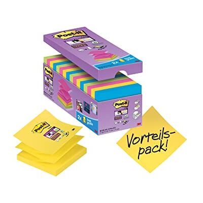 Post-it Super Sticky Z-Notes, värdeförpackning, förpackning med 14 block + 2 gratis block, 90 ark per block, 76 mm x 76 mm, färger: grön, gul, rosa, blå, extra starkt självhäftande anteckningar Post-it Super Sticky Z-Notes, värdeförpackning, förpackning med 14 block + 2 gratis block, 90 ark per block, 76 mm x 76 mm, färger: grön, gul, rosa, blå, extra starkt självhäftande anteckningar