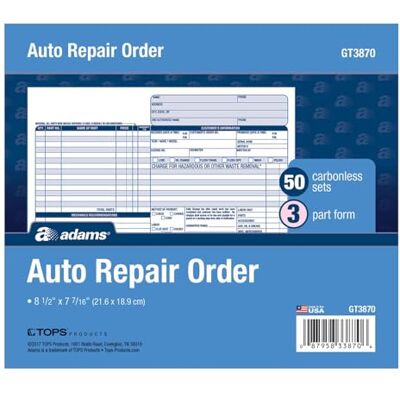 Adams beställningsformulär för bilreparation, 20 x 19 cm, 3-delar, självkopierad, 50-pack, vit och kanariefågel (GT3870) Adams beställningsformulär för bilreparation, 20 x 19 cm, 3-delar, självkopierad, 50-pack, vit och kanariefågel (GT3870)