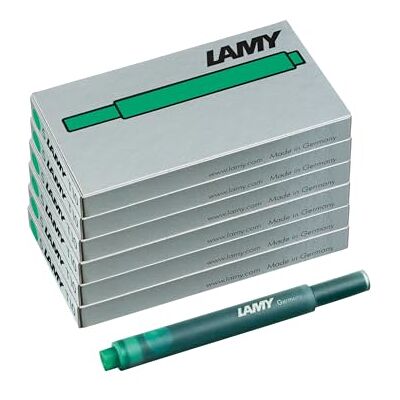 Lamy T10 Set med 6 bläckpatroner med stort bläcklager – lämplig för alla -patronmodeller – innehåll 1,25 ml per patron – 5 stycken per förpackning – bläckfärg grön Lamy T10 Set med 6 bläckpatroner med stort bläcklager – lämplig för alla -patronmodeller – innehåll 1,25 ml per patron – 5 stycken per förpackning – bläckfärg grön