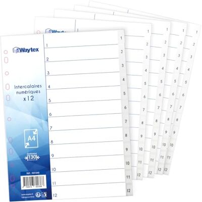 Waytex Set med 5 stycken A4-avdelare numrerade 1–12 vita perforerade polypropylen med index – hållbara plastavdelare för A4-pärmar Waytex Set med 5 stycken A4-avdelare numrerade 1–12 vita perforerade polypropylen med index – hållbara plastavdelare för A4-pärmar