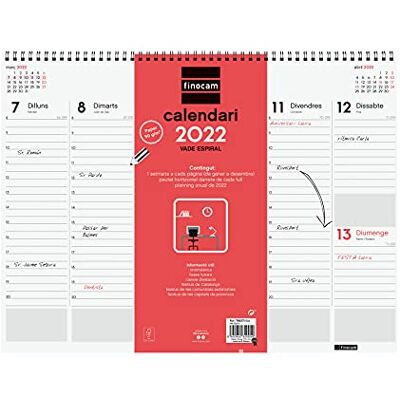 Finocam Vade 2022 Vecka Vertikal vy, från januari 2022 till December 2022 (12 månader) 420x310 mm Spiral Neutral Katalanska Finocam Vade 2022 Vecka Vertikal vy, från januari 2022 till December 2022 (12 månader) 420x310 mm Spiral Neutral Katalanska