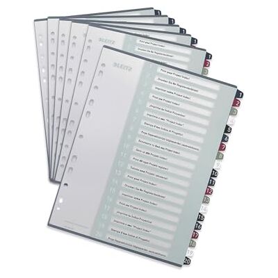 Leitz register för A4, 6-pack, PC-skrivbart försättsblad och 20 skiljeblad, flikar med nummertryck 1-20, överbredd, vit/flerfärgad, PP, stil, 1239000 Leitz register för A4, 6-pack, PC-skrivbart försättsblad och 20 skiljeblad, flikar med nummertryck 1-20, överbredd, vit/flerfärgad, PP, stil, 1239000