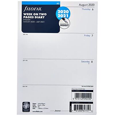 Filofax Kalenderinlägg, A5, 1 vecka på 2 sidor, engelska, 20 augusti till 21 juli Filofax Kalenderinlägg, A5, 1 vecka på 2 sidor, engelska, 20 augusti till 21 juli