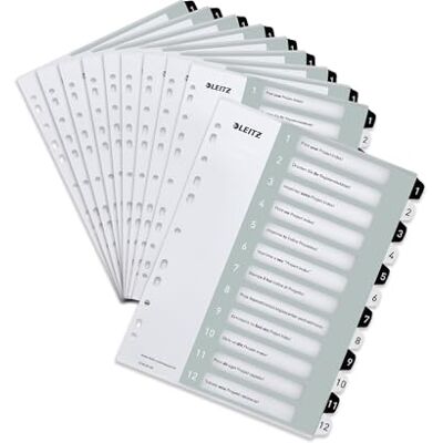 Leitz Index för A4, paket med 10, PC-skrivbart omslagsark och 12 avdelare, flikar med nummertryck 1-12, extra bredd, vit/svart, polypropen, WOW, 1216000 Leitz Index för A4, paket med 10, PC-skrivbart omslagsark och 12 avdelare, flikar med nummertryck 1-12, extra bredd, vit/svart, polypropen, WOW, 1216000