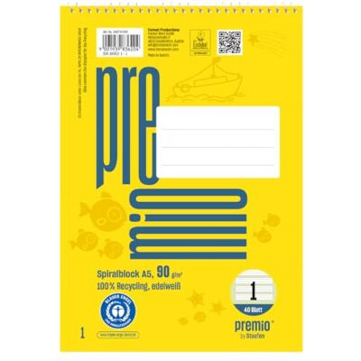 Staufen premio spiralblock – 5 collegeblock vardera, 40 ark, DIN A5, linjering 1 (5/5/5 mm linerad), 90 g/m² återvunnet papper Staufen premio spiralblock – 5 collegeblock vardera, 40 ark, DIN A5, linjering 1 (5/5/5 mm linerad), 90 g/m² återvunnet papper