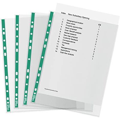 Esselte A4 stansade fickor, 100 x polyfickor, 34 mikrontjocklek, klara präglade A4-fickor med stansad förstärkt grön ryggrad, perfekt för spakarkiv och ringpärmar (paket med 100), 628531 Esselte A4 stansade fickor, 100 x polyfickor, 34 mikrontjocklek, klara präglade A4-fickor med stansad förstärkt grön ryggrad, perfekt för spakarkiv och ringpärmar (paket med 100), 628531