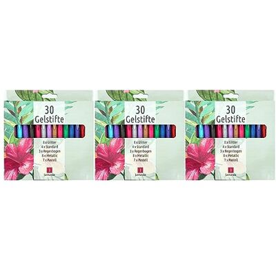 Jamasia 999201-2 gelpennor, 3 x uppsättning av 30, 3 fodral med 30 gelpennor vardera med glitter, regnbåge, metallic, standard och pastellfärgeffekter, 90 gelmålpennor för mjuk skrivning och ritning Jamasia 999201-2 gelpennor, 3 x uppsättning av 30, 3 fodral med 30 gelpennor vardera med glitter, regnbåge, metallic, standard och pastellfärgeffekter, 90 gelmålpennor för mjuk skrivning och ritning