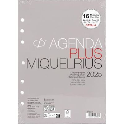 Miquelrius Årlig påfyllningsbok för 2025, 16 månader, dag sida, agenda-refill ringar, A5-agendaersättning motsvarande 155 x 213 mm, schema 6 ringar, katalanska, portugisiska och engelska Miquelrius Årlig påfyllningsbok för 2025, 16 månader, dag sida, agenda-refill ringar, A5-agendaersättning motsvarande 155 x 213 mm, schema 6 ringar, katalanska, portugisiska och engelska