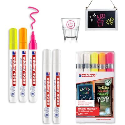 edding 4095 kolpennset 2 vit 3 neon färger 5 kolmarkers rund spets 2–3 mm – vattenlöslig penna med medium spets för krittalvor, fönster, glas, speglar – flytande kolmärkpennor för opak täckning edding 4095 kolpennset 2 vit 3 neon färger 5 kolmarkers rund spets 2–3 mm – vattenlöslig penna med medium spets för krittalvor, fönster, glas, speglar – flytande kolmärkpennor för opak täckning