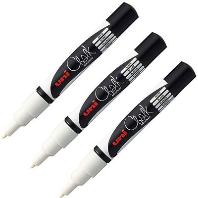 uni-ball 205080 – Fönster- och kritmarkör UNI CHALK PWE-3MS, 3 kritpennor vit, 0,9–1,3 mm rund spets uni-ball 205080 – Fönster- och kritmarkör UNI CHALK PWE-3MS, 3 kritpennor vit, 0,9–1,3 mm rund spets