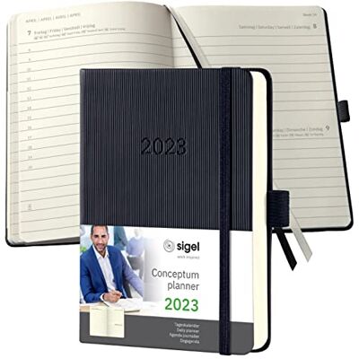 Sigel C2311 Möteskalender dagskalender 2023 – ca. A6 – svart – hårt fodral – 400 sidor – gummiband, pennslinga, arkivväska – PEFC-certifierad – konceptum Sigel C2311 Möteskalender dagskalender 2023 – ca. A6 – svart – hårt fodral – 400 sidor – gummiband, pennslinga, arkivväska – PEFC-certifierad – konceptum