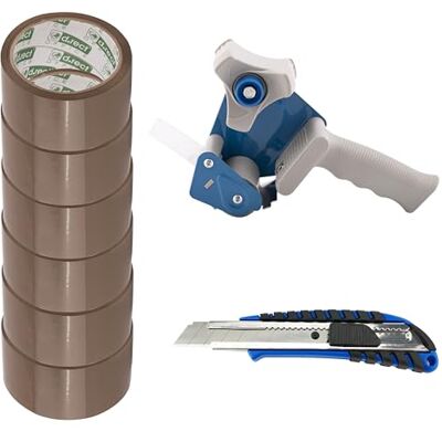 D.RECT tejpdispenser med 6 bruna pakettejprullar 50 m x 48 mm inklusive 6 rullar förpackningstejp, skärkniv blad 18 mm med gummerat handtag, brun D.RECT tejpdispenser med 6 bruna pakettejprullar 50 m x 48 mm inklusive 6 rullar förpackningstejp, skärkniv blad 18 mm med gummerat handtag, brun