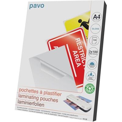 Pavo A4 lamineringspåse 2x100 Mikron, glans, paket med 100 ark Pavo A4 lamineringspåse 2x100 Mikron, glans, paket med 100 ark
