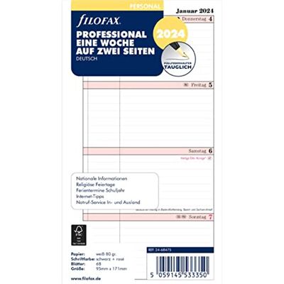 Filofax Kalenderinlägg 2024 Personal 1 vecka/2 sidor professionell 24-68475 – 1 styck Filofax Kalenderinlägg 2024 Personal 1 vecka/2 sidor professionell 24-68475 – 1 styck