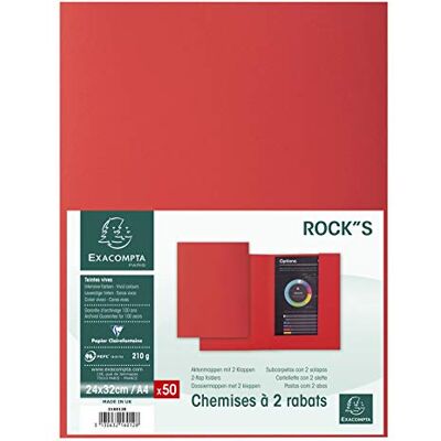 Exacompta Ref 216012E Förpackning med 50 styva mappar med 2 ROCK''S-flikar 210 g/m² klara färger PEFC-certifierade mappar mått 24 x 32 cm för A4-dokument färg röd Exacompta Ref 216012E Förpackning med 50 styva mappar med 2 ROCK''S-flikar 210 g/m² klara färger PEFC-certifierade mappar mått 24 x 32 cm för A4-dokument färg röd
