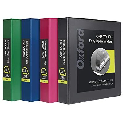 Oxford 3 ringpärmar, 1,5 tum ONE-touch lättöppnade D-ringar, visa pärmskydd, hållbart gångjärn, non-stick PVC-fri, blandade färger, 4-pack (79907) Oxford 3 ringpärmar, 1,5 tum ONE-touch lättöppnade D-ringar, visa pärmskydd, hållbart gångjärn, non-stick PVC-fri, blandade färger, 4-pack (79907)