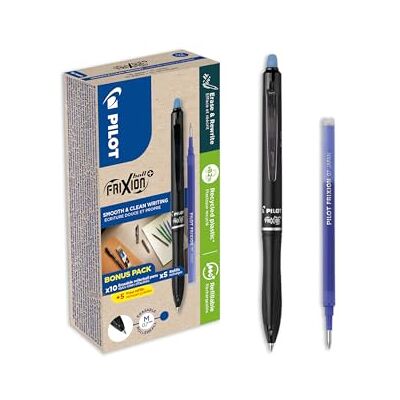 PILOT Set med 10 FriXion Ball 07 Plus + 10 refill raderbara pennor infällbara och påfyllningsbara rullar tillverkad av återvunnen plast blå medium spets PILOT Set med 10 FriXion Ball 07 Plus + 10 refill raderbara pennor infällbara och påfyllningsbara rullar tillverkad av återvunnen plast blå medium spets