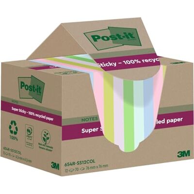 Post-it Superklibbiga 100% återvunna anteckningar, paket med 12 dynor, 70 ark per dyna, 76 mm x 76 mm, rosa, grön, blå, lila, gul extra klisterlappar tillverkade av 100% återvunnet papper Post-it Superklibbiga 100% återvunna anteckningar, paket med 12 dynor, 70 ark per dyna, 76 mm x 76 mm, rosa, grön, blå, lila, gul extra klisterlappar tillverkade av 100% återvunnet papper