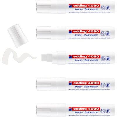 edding 4090 kritmarkör – vit – 5 kritpennor – kilspets 4–15 mm – bred kritpenna för att torka av tavlan – för märkning av fönster, glas, spegel – bordspenna med ogenomskinliga färger edding 4090 kritmarkör – vit – 5 kritpennor – kilspets 4–15 mm – bred kritpenna för att torka av tavlan – för märkning av fönster, glas, spegel – bordspenna med ogenomskinliga färger