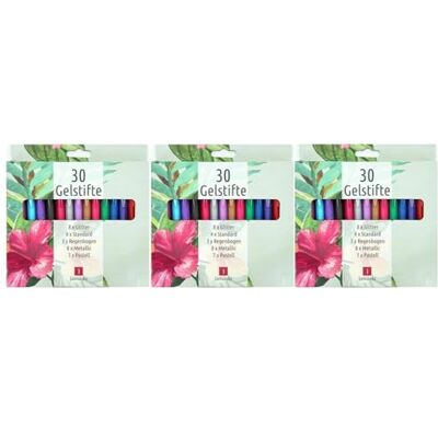 TerCasa 998701-2 gelpennor, 3 x set om 30, 3 fodral med 30 gelpennor vardera med glitter, regnbåge, metallic, standard och pastellfärgeffekter, 90 gelmålpennor för mjuk skrivning TerCasa 998701-2 gelpennor, 3 x set om 30, 3 fodral med 30 gelpennor vardera med glitter, regnbåge, metallic, standard och pastellfärgeffekter, 90 gelmålpennor för mjuk skrivning