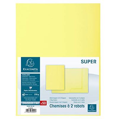 Exacompta Ref. 332005E Förpackning med 50 SUPER 210 gsm inbundna mappar med 2 flikar pastellfärger PEFC™-certifierade mappar mått 24 x 32 cm för A4-dokument kanariefärg Exacompta Ref. 332005E Förpackning med 50 SUPER 210 gsm inbundna mappar med 2 flikar pastellfärger PEFC™-certifierade mappar mått 24 x 32 cm för A4-dokument kanariefärg