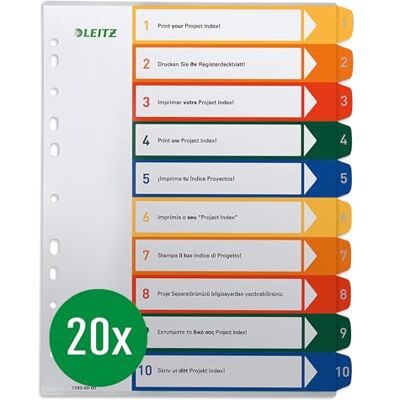Leitz A4 register, 10-pack, 1–10, 10 skiljeblad, skrivbart täckblad, extra bred, PP, flerfärgad, 1293000 Leitz A4 register, 10-pack, 1–10, 10 skiljeblad, skrivbart täckblad, extra bred, PP, flerfärgad, 1293000