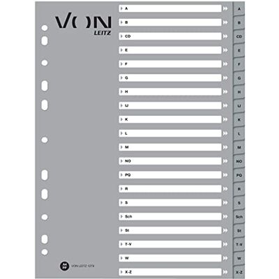 Leitz Von 10-pack alfabetsregister AZ DIN A4, kartong med PP-flikar, Von , universalregister med 11 hål för mappar, mappar, snabbhäftapparat och ringböcker, för skola, studier och hem, grå, Leitz Von 10-pack alfabetsregister AZ DIN A4, kartong med PP-flikar, Von , universalregister med 11 hål för mappar, mappar, snabbhäftapparat och ringböcker, för skola, studier och hem, grå,