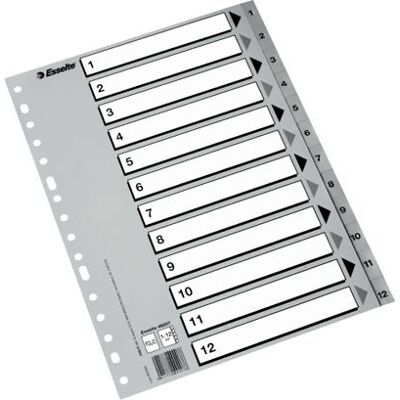 Esselte Numeriska index för plast, PP, Foliostorlek, Typ 1-12, STD-sortiment, Grå, 49207 Esselte Numeriska index för plast, PP, Foliostorlek, Typ 1-12, STD-sortiment, Grå, 49207
