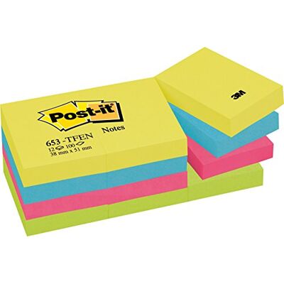 Post-it Notes energisk färgsamling, paket med 12 dynor, 100 ark per dyna, 38 mm x 51 mm, gul, blå, rosa, gröna färger självhäftande anteckningar för anteckning, att göra-listor och påminnelser Post-it Notes energisk färgsamling, paket med 12 dynor, 100 ark per dyna, 38 mm x 51 mm, gul, blå, rosa, gröna färger självhäftande anteckningar för anteckning, att göra-listor och påminnelser