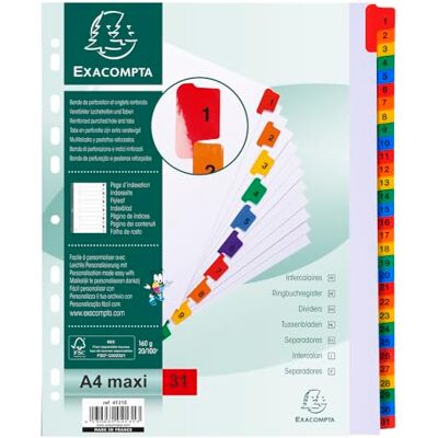 Exacompta Ref. 4131E Kartong med 10 fack i vitt kort 160g/m2 FSC® med 31 digitala tryckta flikar från 1 till 31 i färg Utskrivbar indexeringssida Max. A4-format Exacompta Ref. 4131E Kartong med 10 fack i vitt kort 160g/m2 FSC® med 31 digitala tryckta flikar från 1 till 31 i färg Utskrivbar indexeringssida Max. A4-format