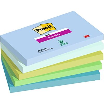 Post-it Super Sticky Notes, Oasis färgsamling, 5 dynor/pack, 90 ark/dyna, 76 mm x 127 mm, blå extra klibbig, PEFC-certifierad, hållbar, återvunnen Post-it Super Sticky Notes, Oasis färgsamling, 5 dynor/pack, 90 ark/dyna, 76 mm x 127 mm, blå extra klibbig, PEFC-certifierad, hållbar, återvunnen