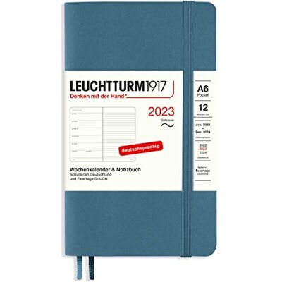 LEUCHTTURM1917 365713 Veckokalender och anteckningsbok Softcover Pocket (A6) 2023, 12 månader, Stone Blue, tysk LEUCHTTURM1917 365713 Veckokalender och anteckningsbok Softcover Pocket (A6) 2023, 12 månader, Stone Blue, tysk