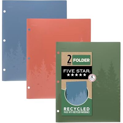 Five Star Femstjärnig 2-fickmapp, 4-pack, återvunna plastmappar med stay-flikar och spetsfästen, passar 3-ringpärm, rymmer 28,9 cm x 8-1/2 tum papper, skrivbar etikett, blandade färger (33002) Five Star Femstjärnig 2-fickmapp, 4-pack, återvunna plastmappar med stay-flikar och spetsfästen, passar 3-ringpärm, rymmer 28,9 cm x 8-1/2 tum papper, skrivbar etikett, blandade färger (33002)