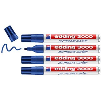 edding 3 000 permanentmarkörer – blå – 4 pennor – rund spets 1,5–3 mm – snabbtorkande permanent märkpenna – vattentät, torkbeständig – för kartong, plast, trä, metall – universalmarkör edding 3 000 permanentmarkörer – blå – 4 pennor – rund spets 1,5–3 mm – snabbtorkande permanent märkpenna – vattentät, torkbeständig – för kartong, plast, trä, metall – universalmarkör