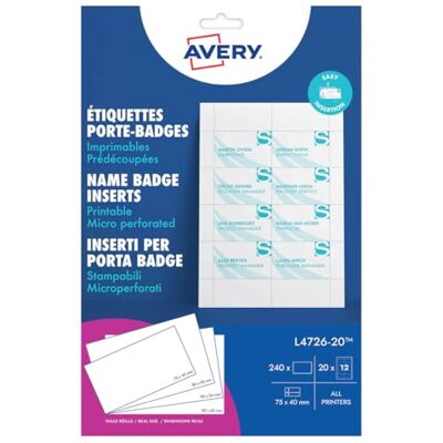 Avery L4726-20 utskrivbara namnbricka påfyllningar (75 x 40 mm inlägg, paket med 240) – vit Avery L4726-20 utskrivbara namnbricka påfyllningar (75 x 40 mm inlägg, paket med 240) – vit