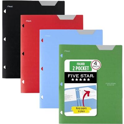 Five Star 2 fickmappar, mappar, plastfärgade mappar med fickor och spetsfästen för 3-ringpärmar, för hemskolematerial och kontor, 11 tum x 8-1/2 tum, blandade, 4-pack (38049) Five Star 2 fickmappar, mappar, plastfärgade mappar med fickor och spetsfästen för 3-ringpärmar, för hemskolematerial och kontor, 11 tum x 8-1/2 tum, blandade, 4-pack (38049)