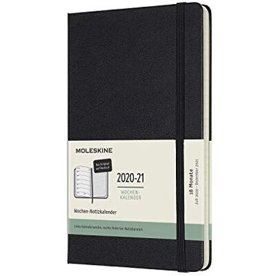Moleskine 18-månaders veckoplanerare/dagbok 2020/2021, planerare på tyska, veckoanteckningsbok med hårt omslag och elastisk stängning, storlek stor 13 x 21 cm, färg svart, 208 sidor Moleskine 18-månaders veckoplanerare/dagbok 2020/2021, planerare på tyska, veckoanteckningsbok med hårt omslag och elastisk stängning, storlek stor 13 x 21 cm, färg svart, 208 sidor