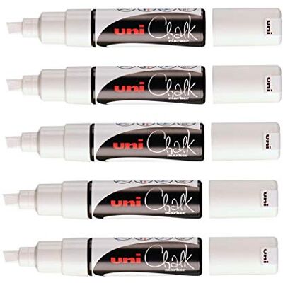 uni-ball – Uni Mitsubishi Pencil – kritmarkör PWE-8K – mångsidig – regnbeständig – perfekt för spegelglas/skifferbräda – stor fasad spets 8 mm – 5-pack – vit uni-ball – Uni Mitsubishi Pencil – kritmarkör PWE-8K – mångsidig – regnbeständig – perfekt för spegelglas/skifferbräda – stor fasad spets 8 mm – 5-pack – vit