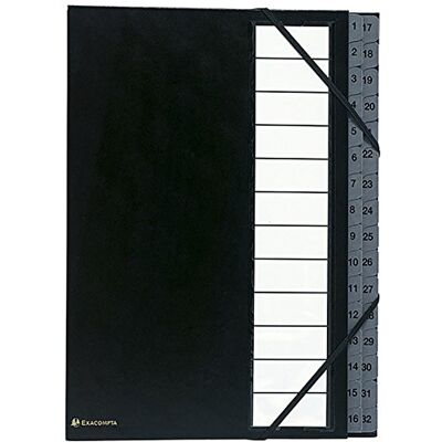 Exacompta Ref 56032E 1 Ordonator sorteringsmaskin med elastiska band omslag av hård kartong plastbelagda tryckta flikar från 1 till 31 32 fack storlek 23,5x 33,5 cm för A4 färg svart Exacompta Ref 56032E 1 Ordonator sorteringsmaskin med elastiska band omslag av hård kartong plastbelagda tryckta flikar från 1 till 31 32 fack storlek 23,5x 33,5 cm för A4 färg svart