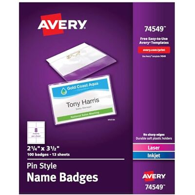 Avery Pin stil toppmatade namnmärken, 5,5 x 9,5 cm, vit, låda med 100 (74549) Avery Pin stil toppmatade namnmärken, 5,5 x 9,5 cm, vit, låda med 100 (74549)