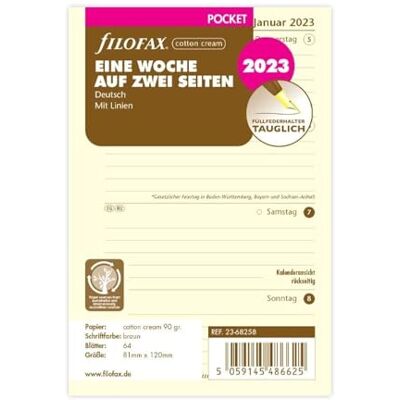 Filofax Pocket 1 vecka på 2 sidor bomullsgrädde (tyska) 2023 Filofax Pocket 1 vecka på 2 sidor bomullsgrädde (tyska) 2023
