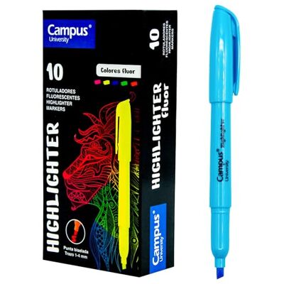 Campus Fluorescerande överstrykningspenna, markörpenna med avfasad spets, 10-pack med vattenbaserad baspenna, neonfärgade markörpennor (blå) Campus Fluorescerande överstrykningspenna, markörpenna med avfasad spets, 10-pack med vattenbaserad baspenna, neonfärgade markörpennor (blå)