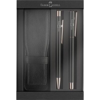 Faber-Castell 202187 Presentförpackning Neo Slim svart roséguld, med reservfyllning, kulspetspenna och pennfodral, elegant skrivset Faber-Castell 202187 Presentförpackning Neo Slim svart roséguld, med reservfyllning, kulspetspenna och pennfodral, elegant skrivset