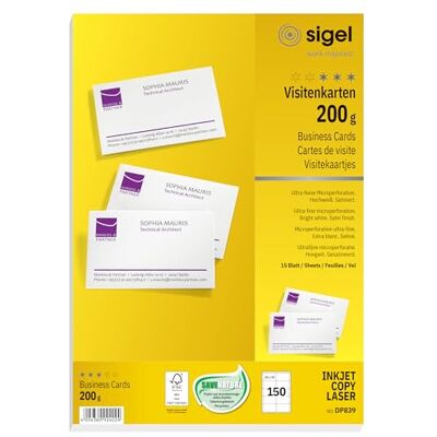 Sigel DP839, 85 x 55 mm (A4), visitkort, mp, 200 gsm, utskrivbar, ljusvit, 150 st. = 15 ark Sigel DP839, 85 x 55 mm (A4), visitkort, mp, 200 gsm, utskrivbar, ljusvit, 150 st. = 15 ark