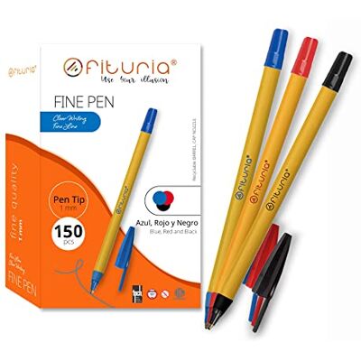 OFITURIA Spetspennor, blå, svart och röd, låda med 150 enheter, Precision och detalj, Perfekt för olika miljöer som kontor, hem och skola (150 st. Mix) OFITURIA Spetspennor, blå, svart och röd, låda med 150 enheter, Precision och detalj, Perfekt för olika miljöer som kontor, hem och skola (150 st. Mix)